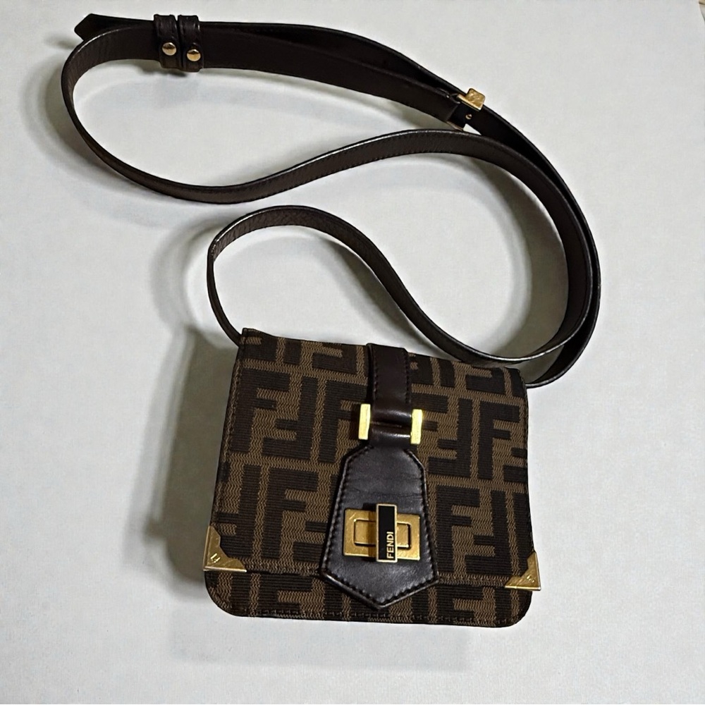 Auth Rare Fendi zucca Double Baguette Crossbody Bag Small adjustable shoulder - Picture 2 of 16